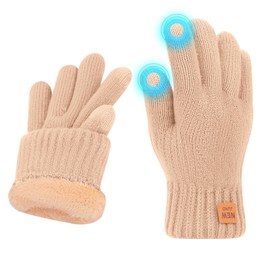 Women's Winter Warm Thermal Touch Screen Gloves Women Soft Cable Knit Wool Fleece Lined Glove for Cold Weather (Beige, One Size)