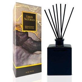 Urban Naturals Smoked Vanilla Reed Diffuser Set with Vanilla Bean, Sandalwood & Leather – 5 ounce Sleek Black Rectangular Refillable Glass Bottle – Made in The USA