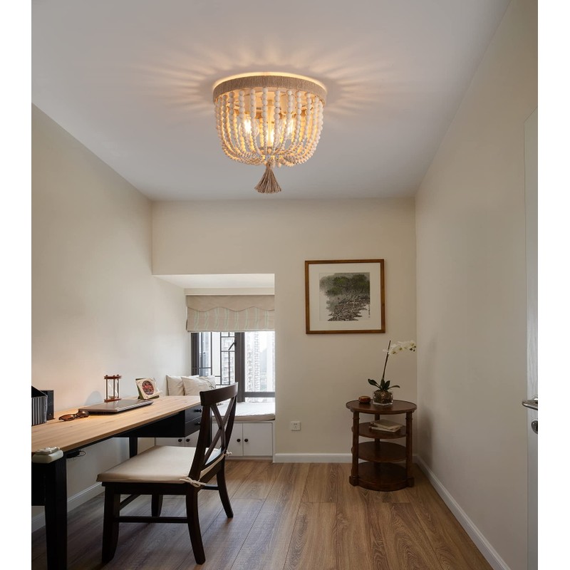 AMZASA Boho Flush Mount Ceiling Light Wooden Beaded Hepm Rope