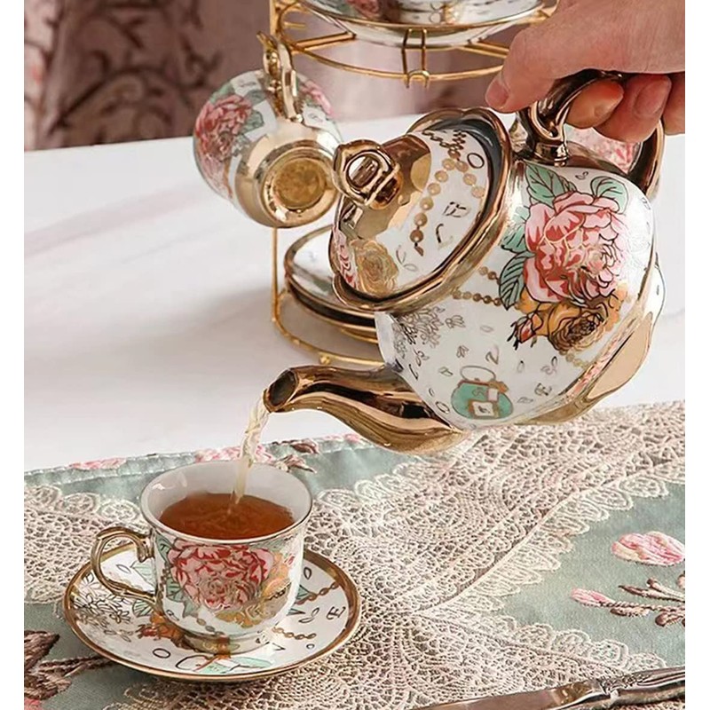 CHANJOON tea sets Gold Plated Red Rose Ceramic Tea Set,