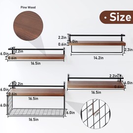 LUDORU Wood Floating Shelves Wall Mounted - 4+1 Tier Rustic Bathroom Wall Shelves Over Toilet with Wire Storage Basket and Towel Bar, Set of 4 Farmhouse Floating Shelf for Bathroom, Kitchen, Bedroom.