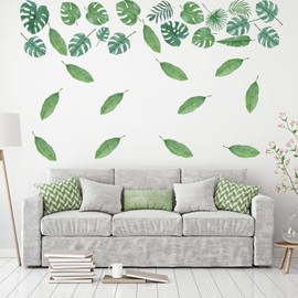 Leaf Wall Stickers, Palm Jungle Leaf Wall Stickers, Green Plant Wall Stickers, Watercolour Tropical Wall Stickers, Monstera Leaves Wall Decal for Living Room Bedrooms Bathroom Kitchen Nursery(39pcs)