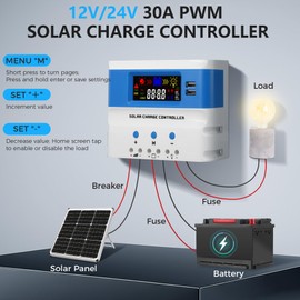 VIXKPIRR 30A PWM Charge Controller Solar 12V/24V Car, PWM Solar Charger Controller 30A for Solar Panel with LCD Display Dual USB Port, Solar Charge Controller 12V/24V Solar Controller for GEL/SLD/FLD