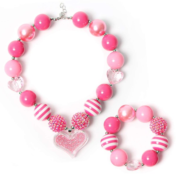 3 otters Chunky Bubblegum Necklace, Chunky Bubblegum Beaded Necklace and Bracelet Set Girls Chunky Necklace Play Jewelry Necklace Peach Heart Pendant Necklace Stocking Stuffer