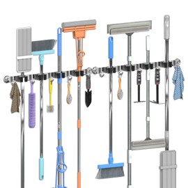 3-H Magnetic Broom Holder Wall Mount 2 Pack, 2-in-1 Dual Mount (No Drill or Screw Fix), 304 Stainless Steel Heavy Duty Magnet Mop Broom Organizer for Kitchen Garden Garage(4 Racks & 5 Hooks,Silver)