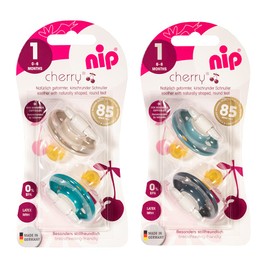 NIP Cherry Soothers Natural Shaped Round Teat in Cherry Shape, Breastfeeding Friendly, Size 1, 0-6 Months, Latex, Brown/Turquoise/Blue/Dark Blue, Pack of 4