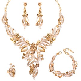 chaoyite Leaf Shape Bridal Costume Jewelry for Bride Wedding Necklace Earrings Bracelet Ring Sets Prom Dress Accessories, Copper Alloy, Crystal Rhinestone