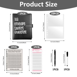 100 Envelope Challenge Binder, Money Saving Wallet Budget Binder with Budget Sheets & Pen, A5 Envelope Challenge Black Binder Book, PU Leather Cash Envelope Binder for School Home Office