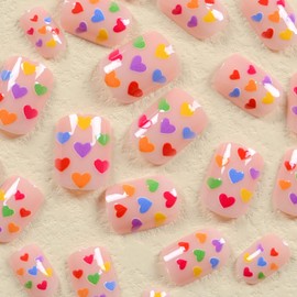 Valentine’s Day Fake Nails Short Square Press On Nails Full Cover False Nails With Color Heart Designs Acrylic Nails Press Ons Glossy Stick On Nails Short Glue On Nails For Women