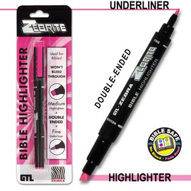 G.T. Luscombe Company, Inc. Zebrite Double Ended Bible Highlighter Set | No Bleed Pigmented Ink | No Fading or Smearing | Double Ended for Highlighting & Underlining |Pink Ink