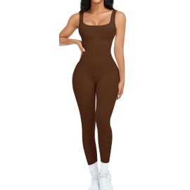 OLCHEE Womens Workout Rompers Jumpsuits Seamless Ribbed Yoga Gym One Piece Sleeveless Square Neck Tank Top Leggings Unitard - Brown Large