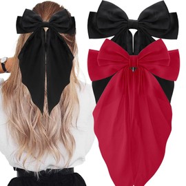 2PCS Silky Satin Big Hair Bows Barrettes, Hair Ribbons Oversized Long Tail Large Hair Bow Hair Clips, Ponytail Holder Accessories Bowknot Hair Clips Hair Accessories for Women Girls (Black+Red)