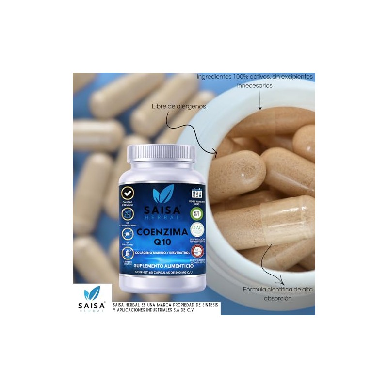 Coenzima Q10 Resveratrol y Colágeno Marino 60 Cápsulas Antioxidante, Antienvejecimiento