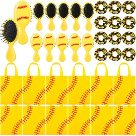 Teenyyou 36 Pcs Baseball Gifts Baseball Party Favors Include 12 Baseball Cushion Combs 12 Baseball Hair Scrunchies 12 Baseball Non Woven Tote Bags for Team Player Gifts