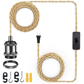 with Twisted Hemp Rope Pendant Lights Socket Set E26 E27 Vintage Black Industrial 5.9ft Pendant Light Cord - Hanging Light Kit with Switch Plug in Vintage Fabric Lamp Cord (1)