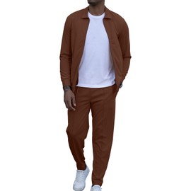 KUYIGO Men's Tracksuits Long Sleeve 2 Piece Set Business Outfits Waffle Pullover Tracksuit Sweatshirt and Joggers Casual Tracksuits for men XL Brown
