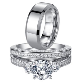 MABELLA His and Hers Wedding Ring Sets 3 Stone Womens Silver CZ Ring Set and Mens Stainless Steel Matching Wedding Band Women's Size 7 Men's Size 10