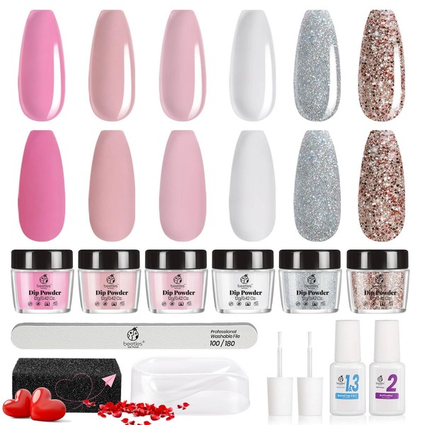 Beetles 13 Pcs Dip Powder Nail Starter Kit 6 Colors Clear Pink French Tips Kit, Glitter White Acrylic Dipping Powder Starter Nail Kit for French Nail Manicure Nail Essential Kit No UV Lamp Needed