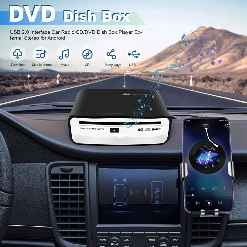 Clickinline Universal Portable Car External CD Player, Plugs Into Car