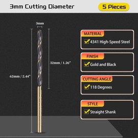 CoCud Drill Bit, 3mm Cutting Diameter, 4341 HSS Jobber Bits Gold and Black 118° Cutting Angle - (Applications: for Drilling Plastic Wood Soft Metal), 5-Pieces