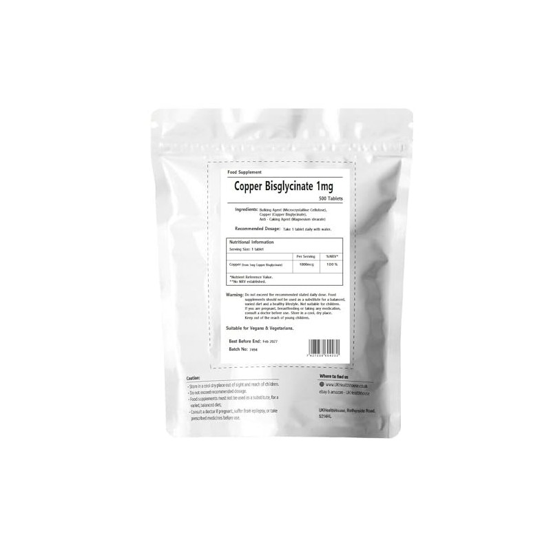 UKHealthHouse Copper Bisglycinate 1mg - 500 Tablets 1,000mcg Mineral Supplement