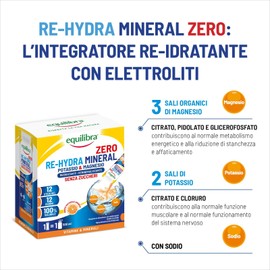 Equilibra Potassio e Magnesio, Re-Hydra Mineral Zero, 12 Stick, Gusto Arancia, Senza Zuccheri, Integratore Magnesio, Potassio, Sodio per Reintegro Sali e Reidratazione, Senza Glutine e Lattosio