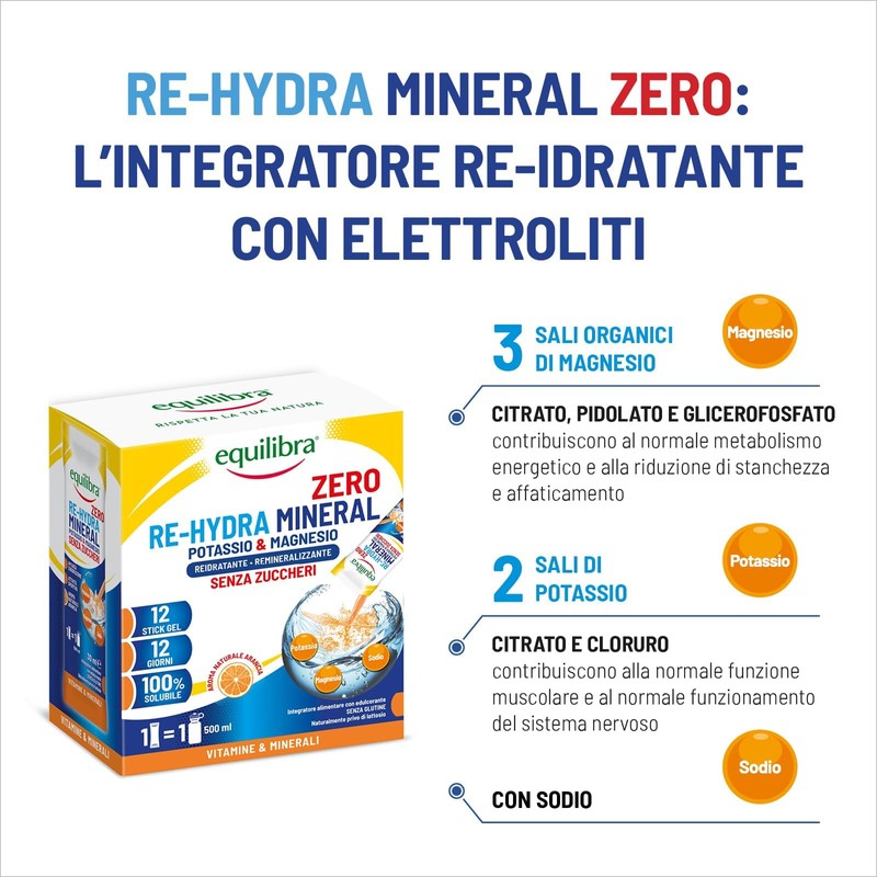 Equilibra Potassio e Magnesio, Re-Hydra Mineral Zero, 12 Stick, Gusto