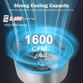 Hiorucet Upgraded 15 Inch Exhaust Fan, 1600CFM 2400 SQF Low Noise Gable Vent Attic Fan with Adjustable Thermostat, 14 Inch Blade and Permanently Lubricated Motor, 1050RPM Gable Mount Fan.