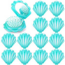 Meanplan 12 Pcs Mini Foldable Travel Hair Brush with Mirror Shell Shape Pocket Makeup Mirror Compact Hair Massage Comb Brush for Women Girls Hairstyles Bridal Shower Gift Party Supplies(Cyan)