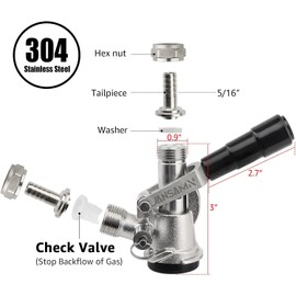 Sankey D Keg Coupler, All 304 Stainless Steel Body & Probe American D System Sankey Beer Keg Tap Coupler with Ergonomic Handle & Hose Clamp for I.D 5/16'' Draft Beer Line Gas