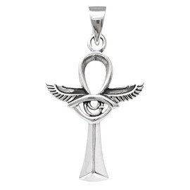Treasure Bay Egyptian Ankh Cross Pendant with Protective Wings of Isis and Eye | 925 Sterling Silver Pendant Necklace For Men and Women