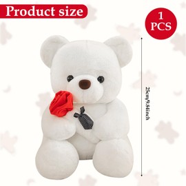 Teddy Plush Bear, 25 cm Teddy Bear with Rose, Teddy Bears Rose Stuffed Toy Toy, Plush Toy Bear Cuddly Toy, Cushion Doll for Mum, Girls, Boys, Birthday Gift, Valentine's Day Plush Bear Toy (White)