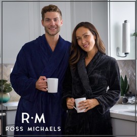 Ross Michaels Mens Robe Shawl Collar Wrap Style - Mid Length Plush Fleece Bathrobe (Midnight Blue, Large/X-Large)