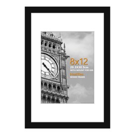 HoziRes Picture Frames 8 x 12 inch, Wooden Photo Frames with Mount in Black, Set of 1 Photo Frames for Tabletop and Wall Mounting, 20 x 30cm Poster Frames for Printing