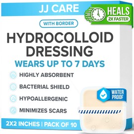 JJ CARE Hydrocolloid Dressing 2x2 [Pack 10], 0.8MM Thick Hydrocolloid Bandages with Border, Self-Adhesive Thin Hydrocolloid Wound Dressing, Wound Care Bandages for Bedsores and Blisters