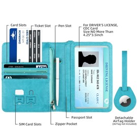 WALNEW AirTag Passport Holder, PU Leather Airtag Wallet RFID Blocking Passport Cover Travel Essentials Case for Women Men (Light Blue)