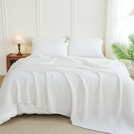 Aganear Waffle Blanket - Lightweight Breathable Summer Blanket of 50% Cotton and 50% Rayon Derived from Bamboo for Hot Sleepers Luxury Throws for Bed, Couch and Sofa,White,104x90 Inches