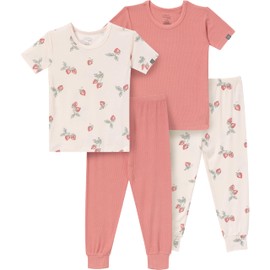 Modern Moments by Gerber Unisex Baby Viscose 4-Piece Tight Fitting Pajama Sets, Light Rose Strawberry