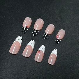 MERVF Almond Press on Nails Medium Black White Polka Dot French Tip Fake Nails Ladybird Glue ons Acrylic Nail Elegant Design Manicure Glossy 24pcs