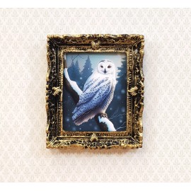 MiniatureCrush Miniature Snowy Owl Framed Print 1:12 Scale Dollhouse Decor Bird Winter Scene