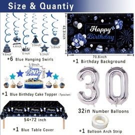 Miidenks 30th Birthday Decorations Set for Men, Navy Blue Silver Black Happy 30 Birthday Party Decorations with Birthday Backdrop Banner Birthday Tablecloth 30 Number Balloons for Him