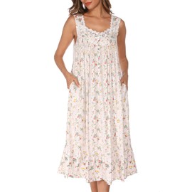 AVIIER Cotton Nightgowns for Women Sleeveless House Dress Ladies Long Nightdress with Pockets (White flowers, X-Large)…