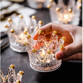 Vixdonos Votive Candle Holders Set of 6 Crown Glass Tealight Candle Holder for Wedding, Party and Home Decor (Gold Tips)