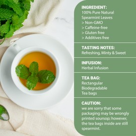 HVSun Spearmint Tea Bags, 100% Pure & Premium Spearmint Leaves Tea Bag, Caffeine Free, Non-GMO, Gluten Free, Support Digestion & Natural Breath Freshener, Health Good (30 Herbal Tea Bags)