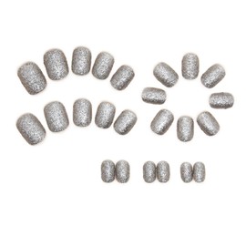 24pcs Short Square False Nails, Glitter Silver Stick on Nails Press on Nails Removable Glue-on Nails Full Cover Fake Nails Women Girls Nail Art Accessories
