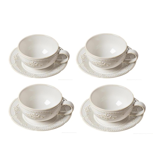 XingXingShunShun Cappuccino Cups with Saucers, 8 oz Ceramic Embossment Coffee