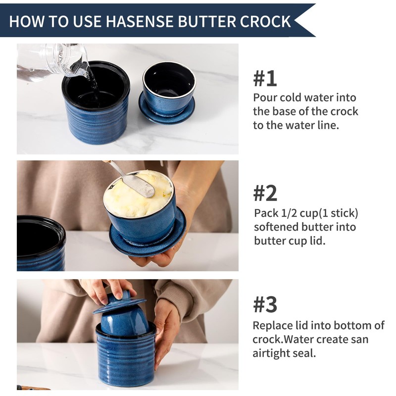 Hasense Ceramic Butter Crock with Lid, Butter Dish for Countertop