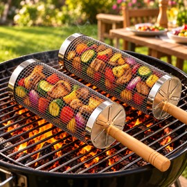 4-Pack Stainless Steel Rolling Grill Baskets for BBQ – Wooden Handle Grilling Accessories for Camping & Outdoor Cooking (Small and Large)