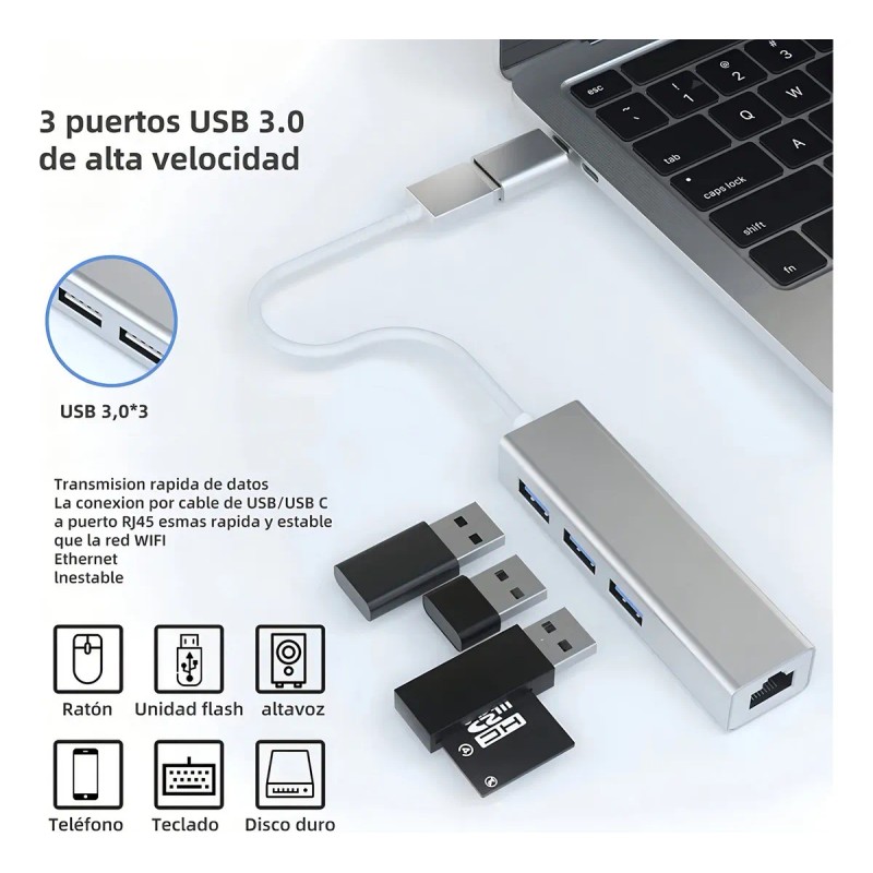 Adaptador USB Ethernet Moreka 4 en 1 RJ45 a USB