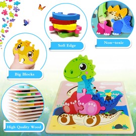Wooden Jigsaw Puzzles for Toddlers, Dinosaur Animals Puzzles for Girls Boys 2 3 Year Old, Montessori Wooden Toys for Kids Gifts, Educational Toys Gifts（Triceratops）